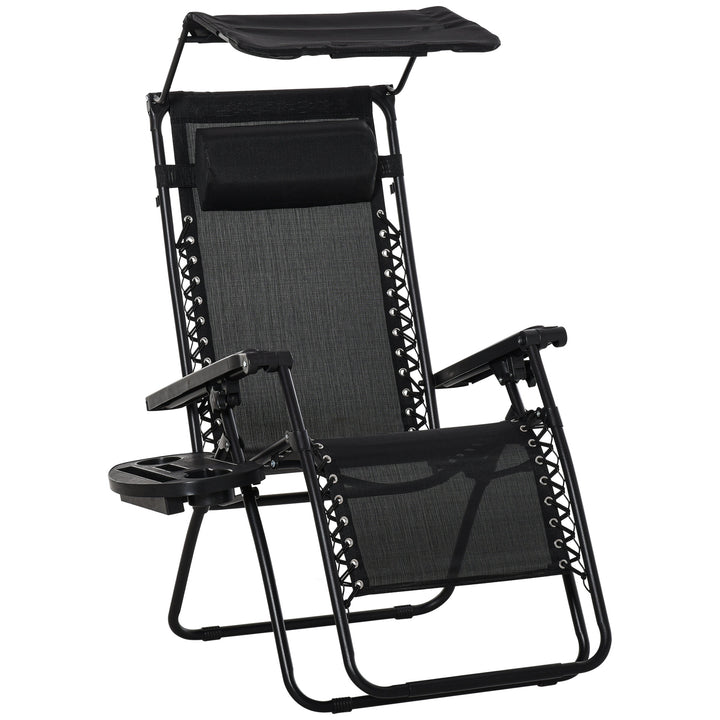 Outsunny Zero Gravity Garden Deck Folding Chair Patio Sun Lounger Reclining Seat with Cup Holder & Canopy Shade - Black | Aosom UK