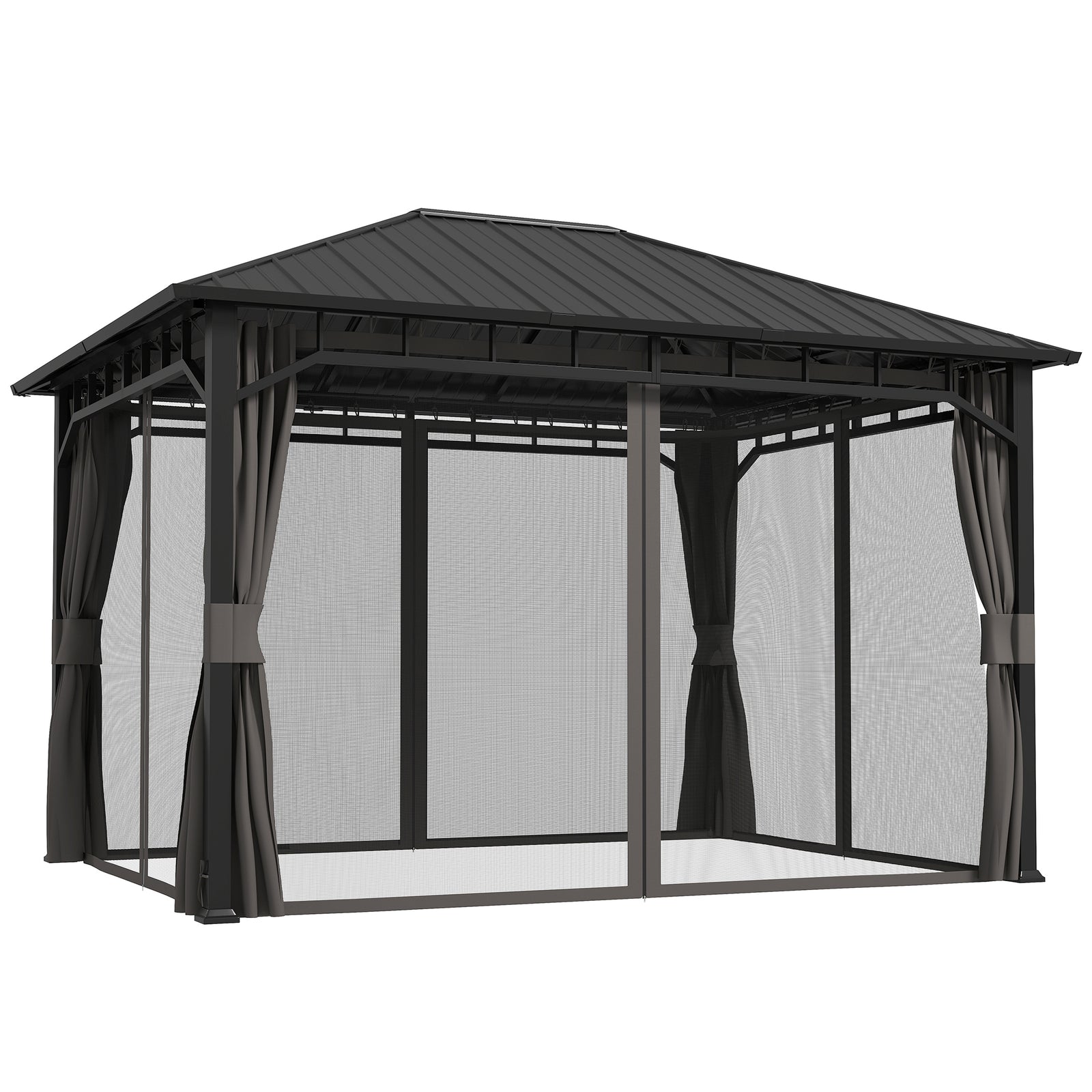 3 x 4m Hardtop Gazebo with Galvanised Steel Roof and Water Gutter, Waterproof Permanent Pavilion Garden Gazebo with Netting and Curtains for Patio, Deck