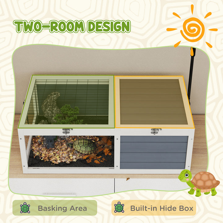 Tortoise Table with Adjustable Lamp Holder, Wooden Tortoise House w/ Openable Lids, Pull-Out Trays - Grey