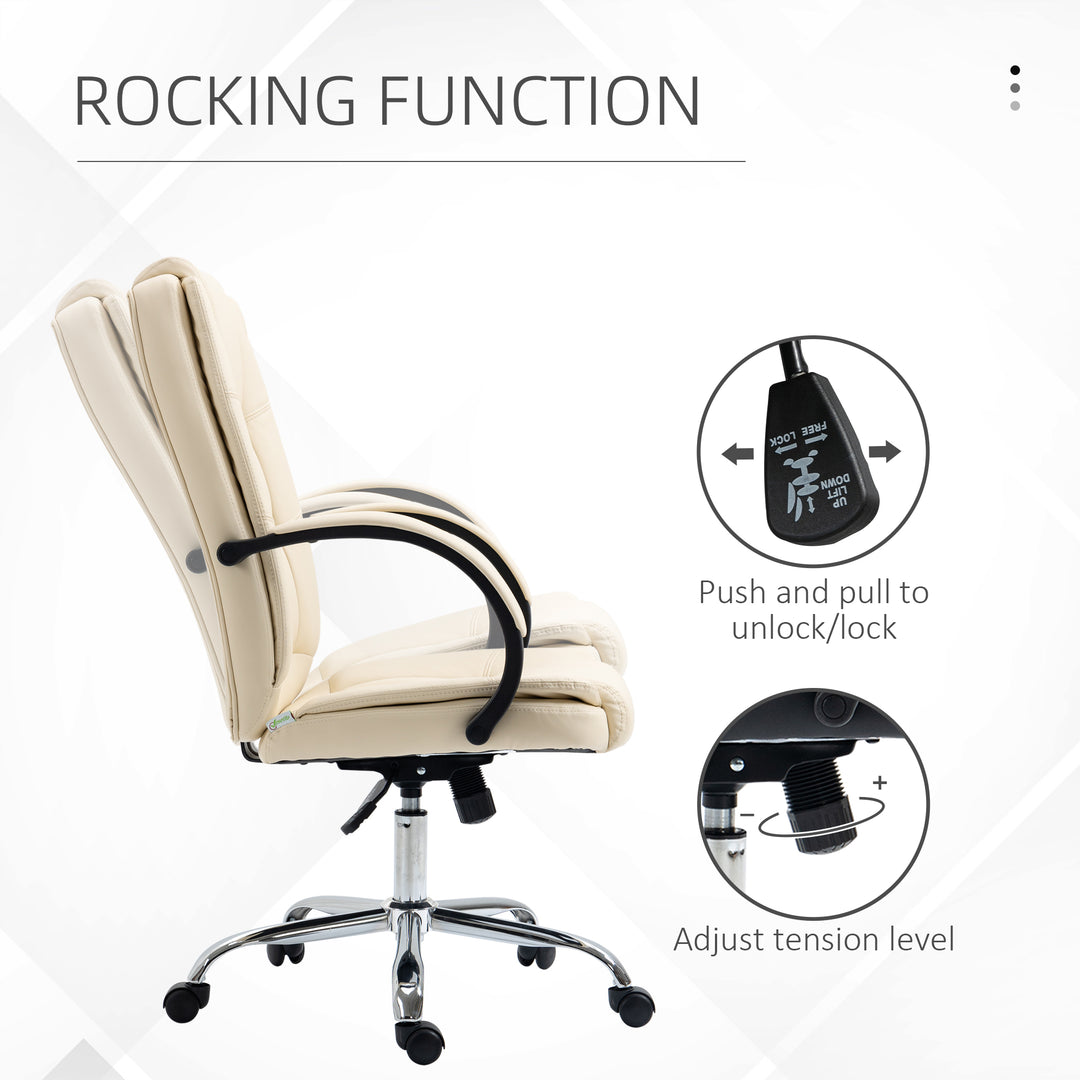 Office Chair, PU Leather Desk Chair with 13cm Soft Padded Seat and Backrest, Swivel Chair with Adjustable Height and Rolling Wheels, Beige