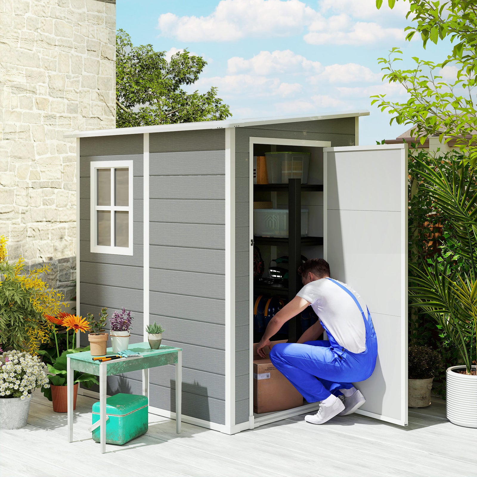 4'x5' Garden Storage Shed, Lean to Shed, Lockable Garden Shed with Window, Vent and Plastic Roof, Grey