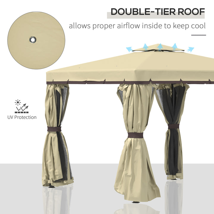 3 x 3(m) Patio Gazebo Canopy Garden Pavilion Tent Shelter with 2 Tier Water Repellent Roof, Mosquito Netting and Curtains, Aluminium Frame, Beige