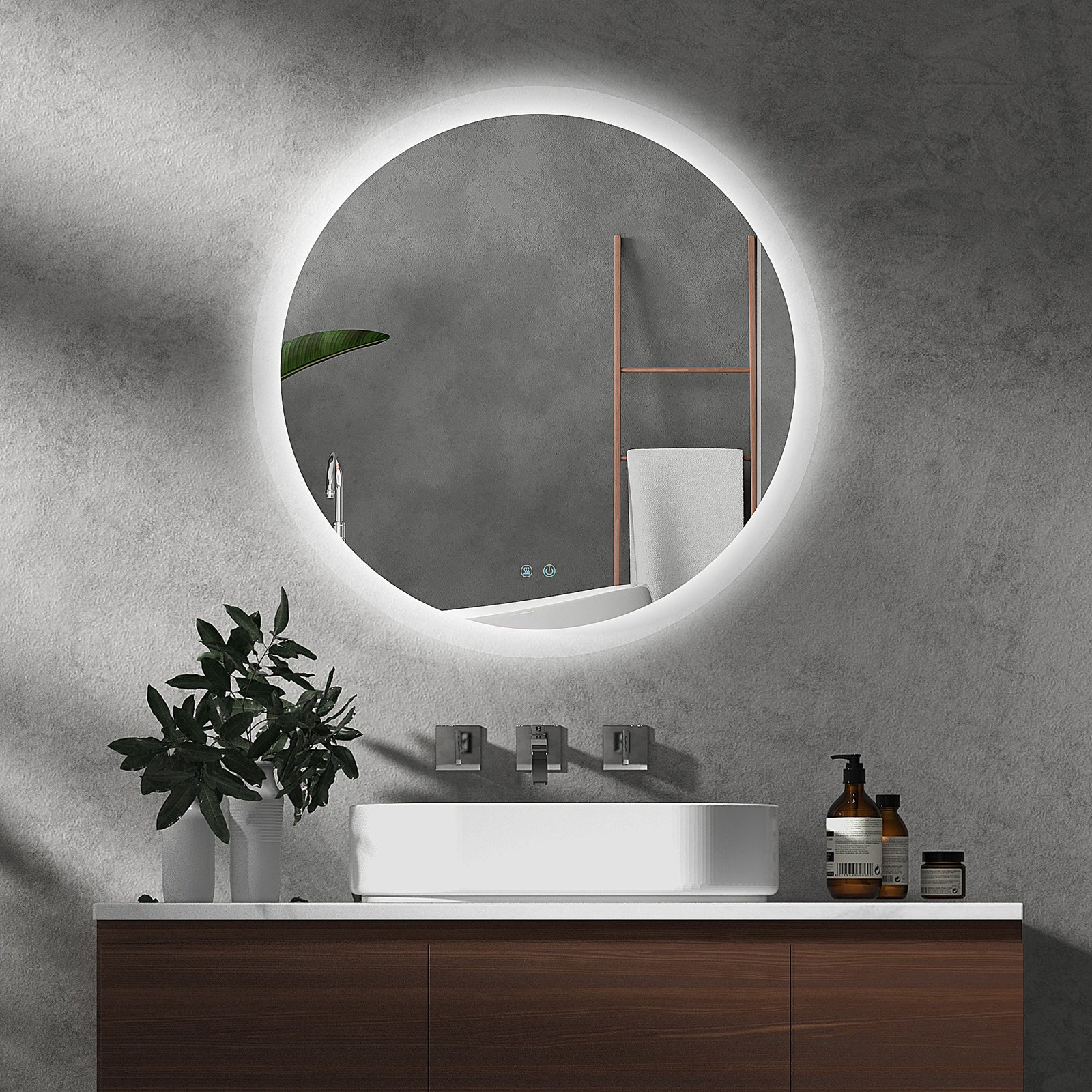 Round Bathroom Mirror with LED Lights, Wall-Mounted Dimmable Makeup Mirror with 3 Temperature Colours, Defogging Film, Memory Function, Hardwired, 70 x 70 cm