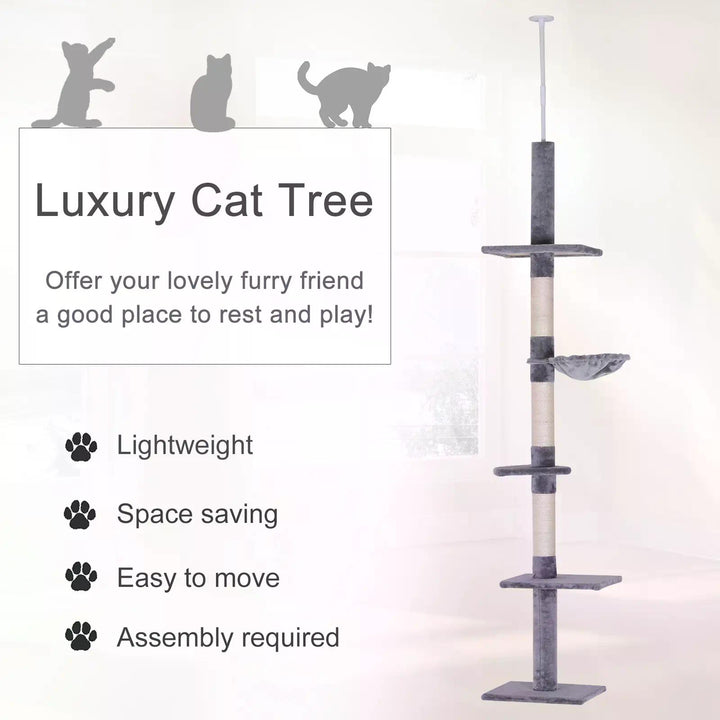 PawHut Cats Floor to Ceiling Scratching Post w/ 5-Tier Plush Leisure Platforms Grey | Aosom UK