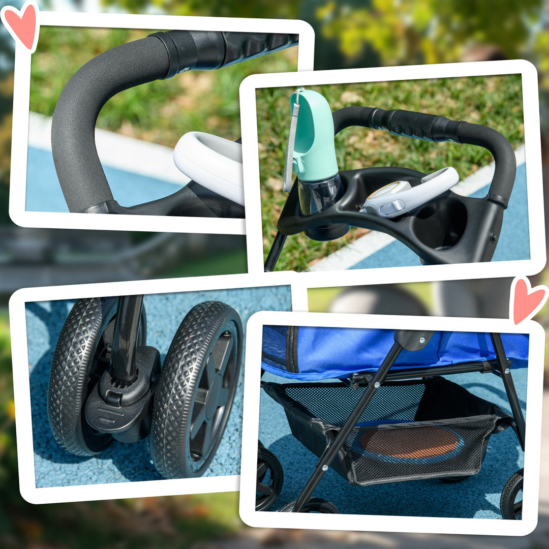 Dog Pram Dog Stroller Foldable Pet Pushchair with 4 Wheels, Safety Leashes, Cup Holder for Small Dogs, Blue