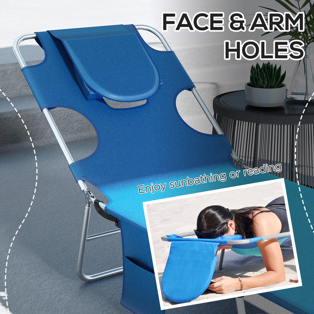 Foldable Sun Lounger Set of 2 with Reading Hole, Portable Sun Lounger with 5 Level Adjustable Backrest, Reclining Lounge Chair with Side Pocket, Headrest Pillow, Blue