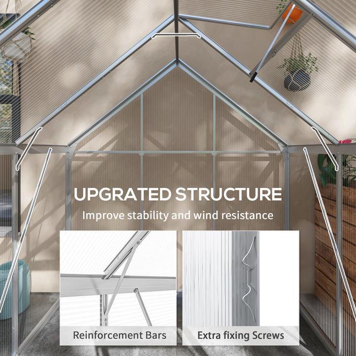 6 x 6ft Walk-In Greenhouse, Polycarbonate Greenhouse with Sliding Door, Window, Aluminium Frame, Foundation, Silver