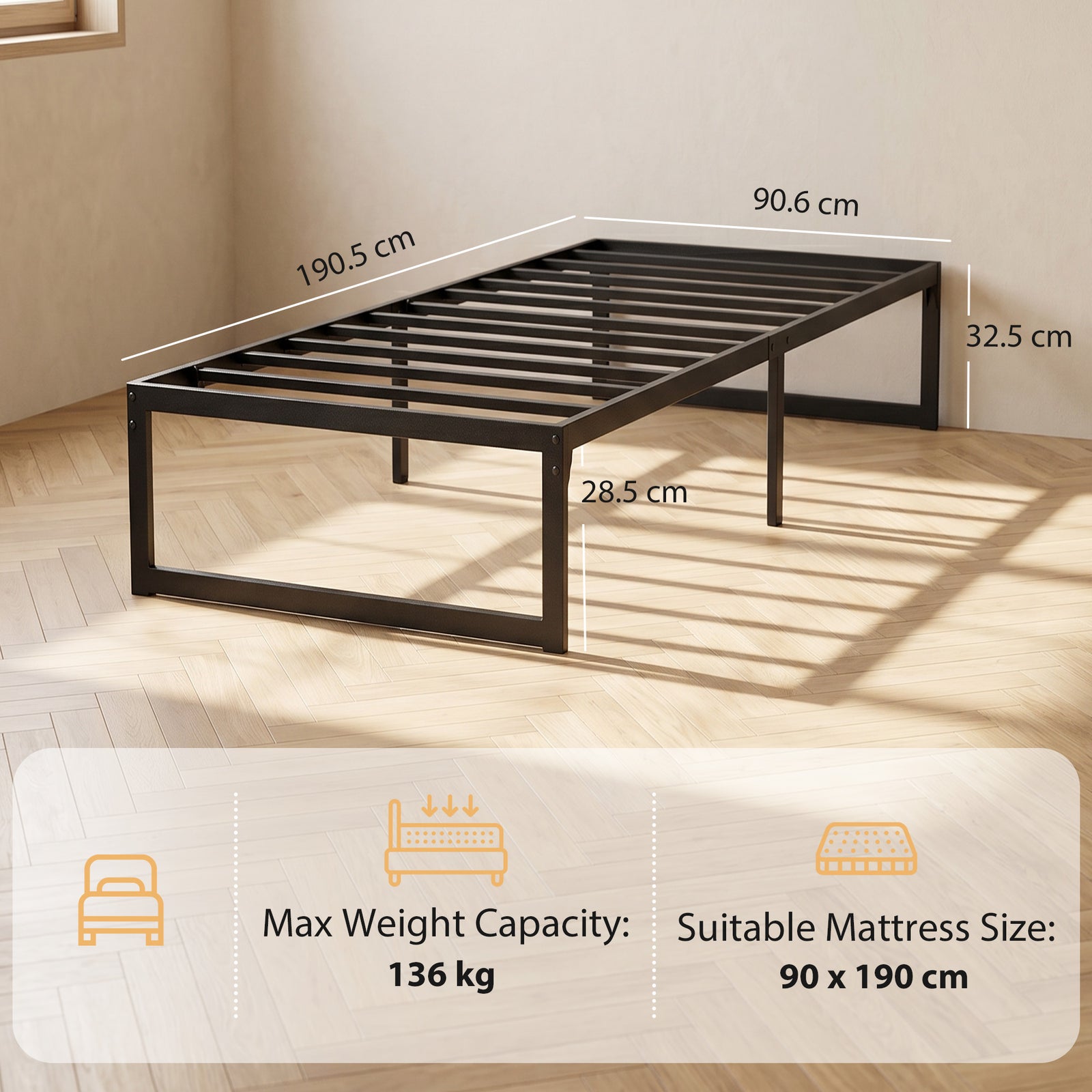 3ft Single Bed Frame with Underbed Storage and Steel Slat Support, 32.