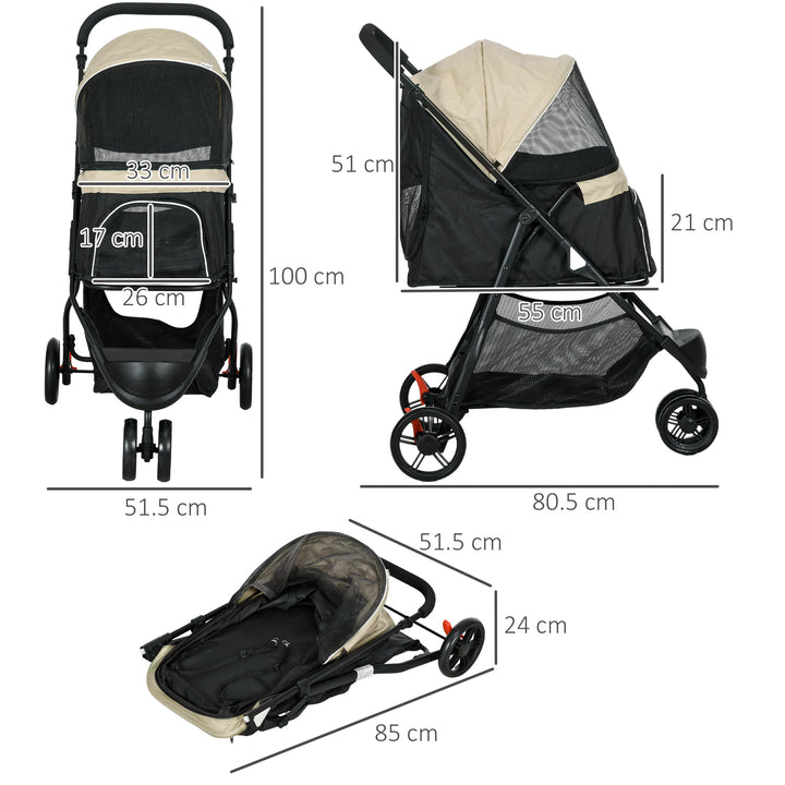 Foldable Pet Stroller w/ Rain Cover, for XS Dogs, S Dogs - Khaki