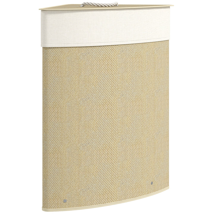 Bamboo Laundry Basket with Lid, 55L Corner Laundry Hamper with Removable Washable Liner Bag, Bathroom Triangle Washing Basket, 35 x 35 x 60 cm, Nature Wood Finish