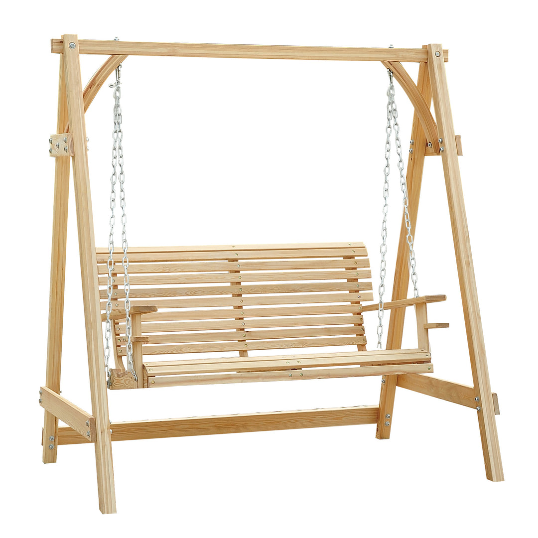 2 Seater Garden Swing Seat, Wooden Swing Chair Bench with Cup Holders for Outdoor Porch Patio, Natural