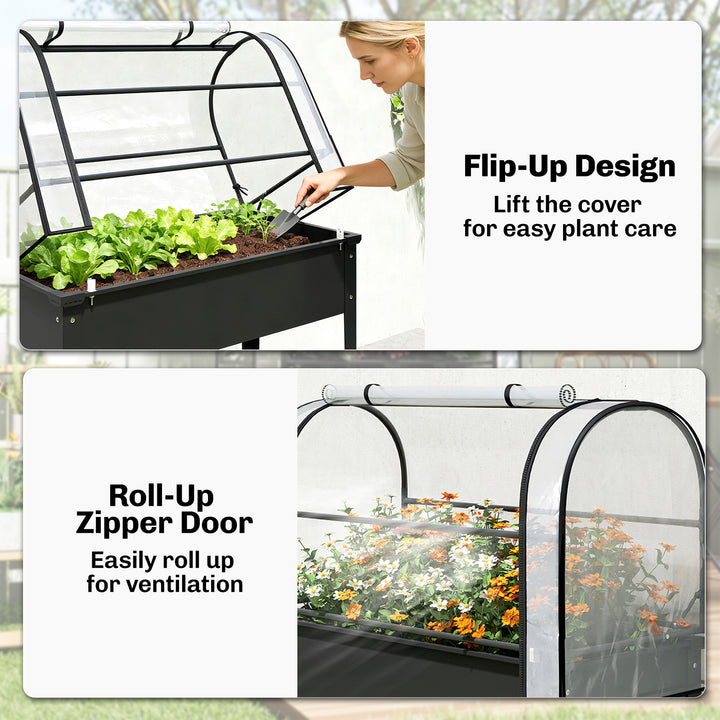 Raised Planter with Flip-Up Greenhouse Cover, Metal Raised Garden Bed 