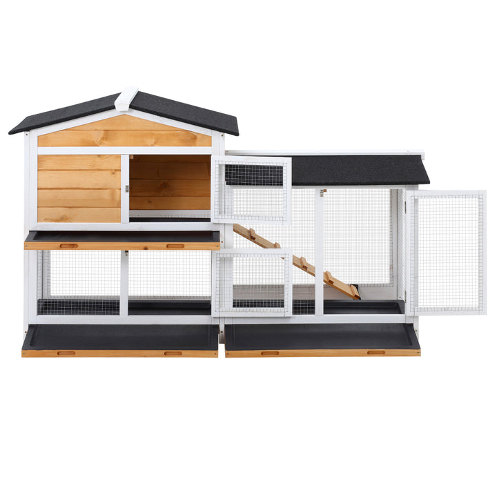Rabbit Hutch Guinea Pig Hutch Wooden House with Run, 2 Tier Pet Cage Outdoor with No-leak Plastic Trays, 157.4 x 53 x 93.5cm, Yellow
