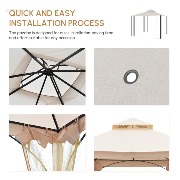 MCL 3 x 3(m) Garden Gazebo Patio Party Tent Shelter Outdoor Canopy Double Tier Sun Shade Metal Frame Netting, Beige