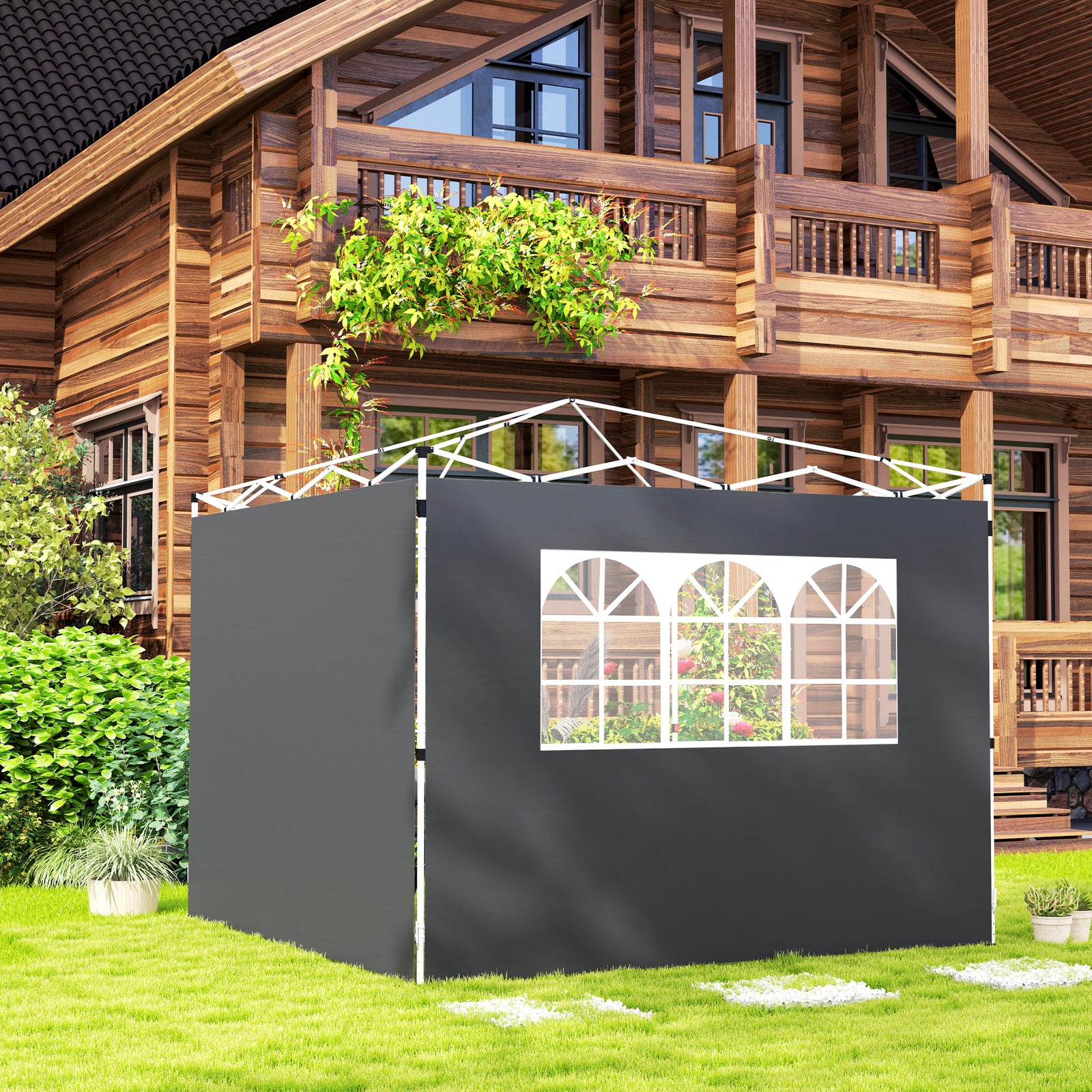 3 Meters Gazebo Replaceable Exchangeable Side Panel Wall Panels Walls With Window, Dark Grey