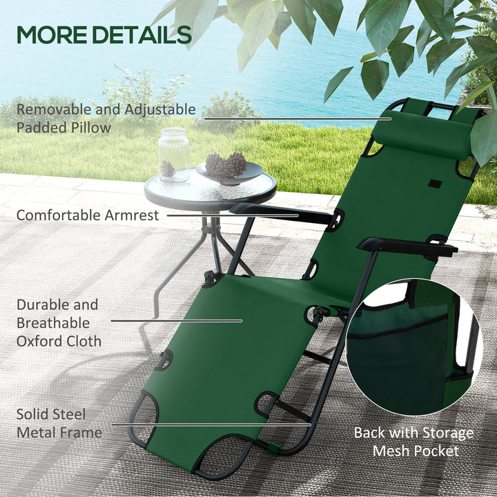 2 in 1 Sun Lounger Folding Reclining Chair Garden Outdoor Camping Adjustable Back with Pillow, Green