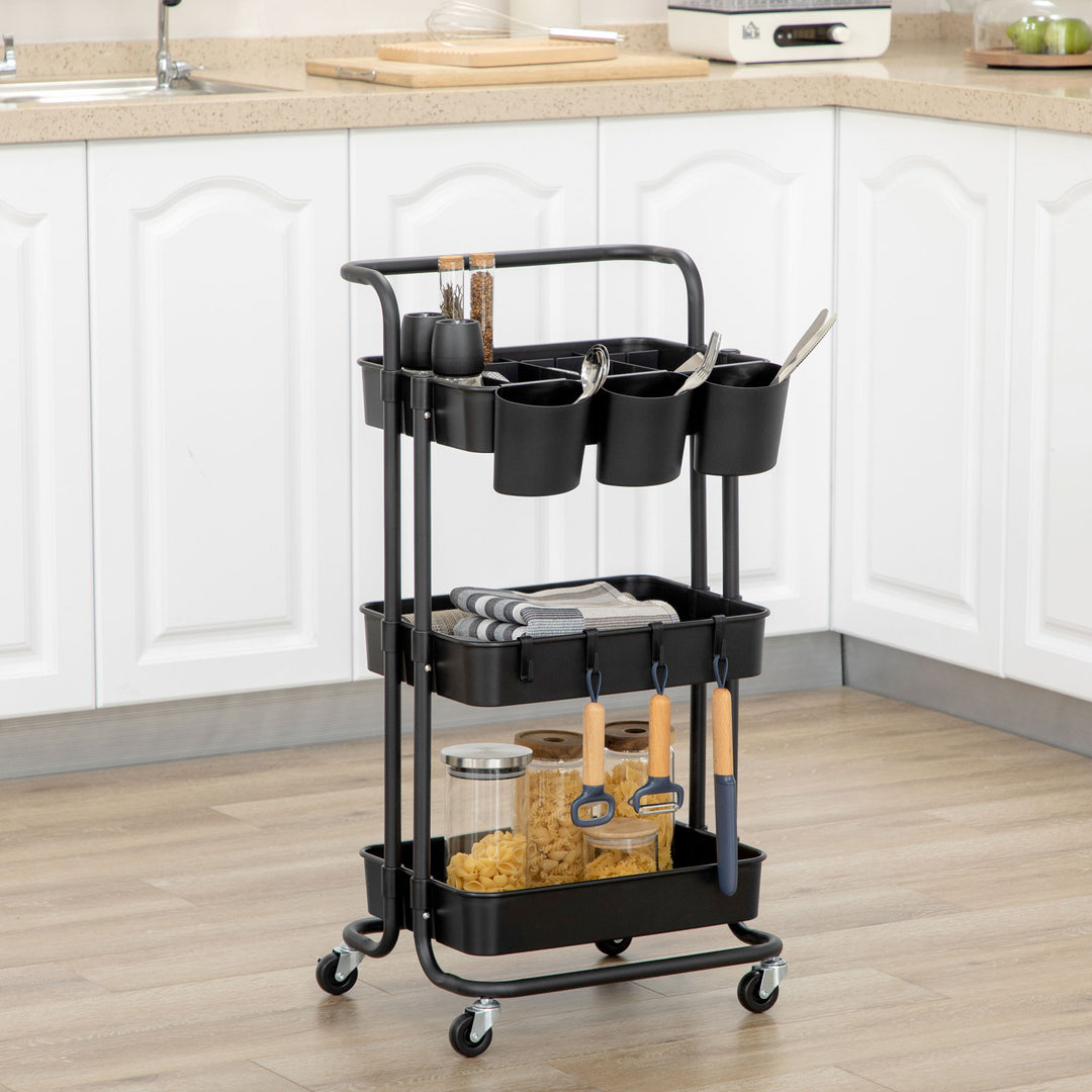 HOMCOM 3 Tier Utility Rolling Cart, Kitchen Cart with 3 Removable Mesh Baskets, 3 Hanging Box, 4 Hooks & Dividers for Living Room, Black | Aosom UK