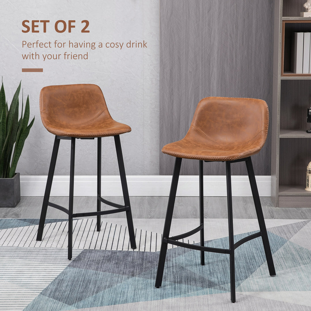 Bar Stools Set of 2, PU Leather Kitchen Stools, Upholstered Breakfast Bar Chairs with Backrest, Steel Legs for Home, Dining Room, Brown
