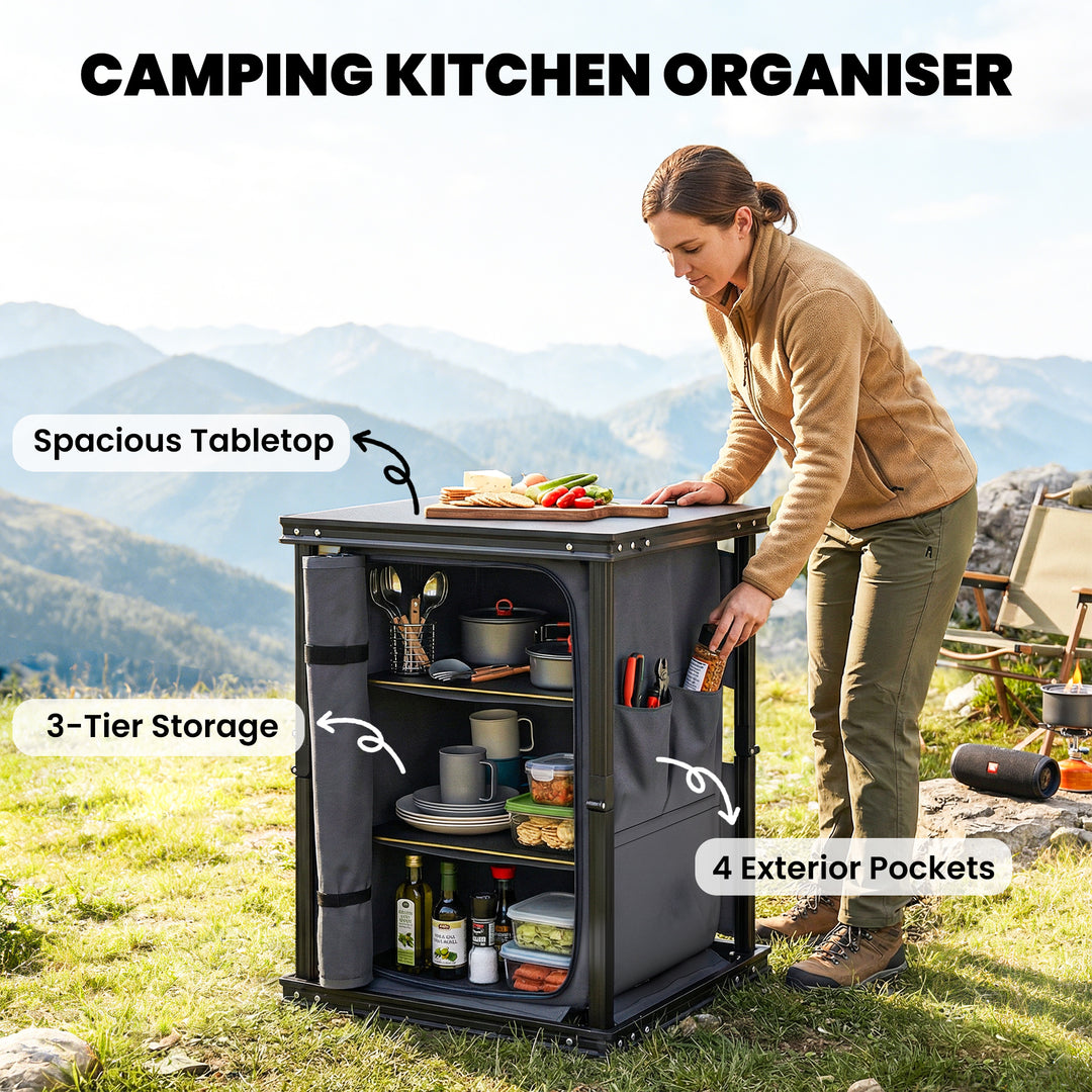 Camping Camping Cupboards, Folding Portable Kitchen Table with 3-Tier 