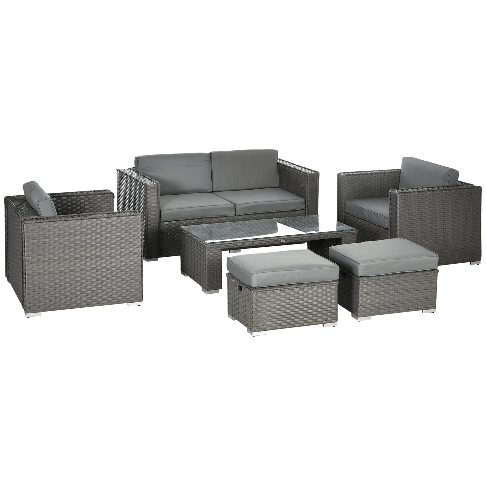 6PC Garden Rattan Sofa Set Bonzer Outdoor Furniture Patio Table Loveseat Stool Lounging Ottoman Aluminium Frame Wicker Weave Conservatory Grey