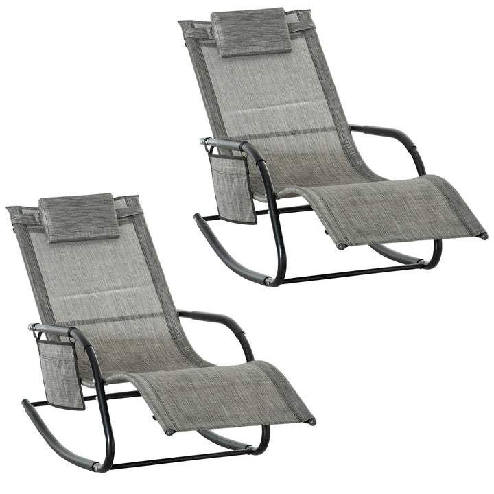 2PCs Outdoor Garden Rocking Chair, Patio Sun Lounger Rocker Chair with Breathable Mesh Fabric, Removable Headrest Pillow, Armrest, Side Storage Bag, Dark Grey