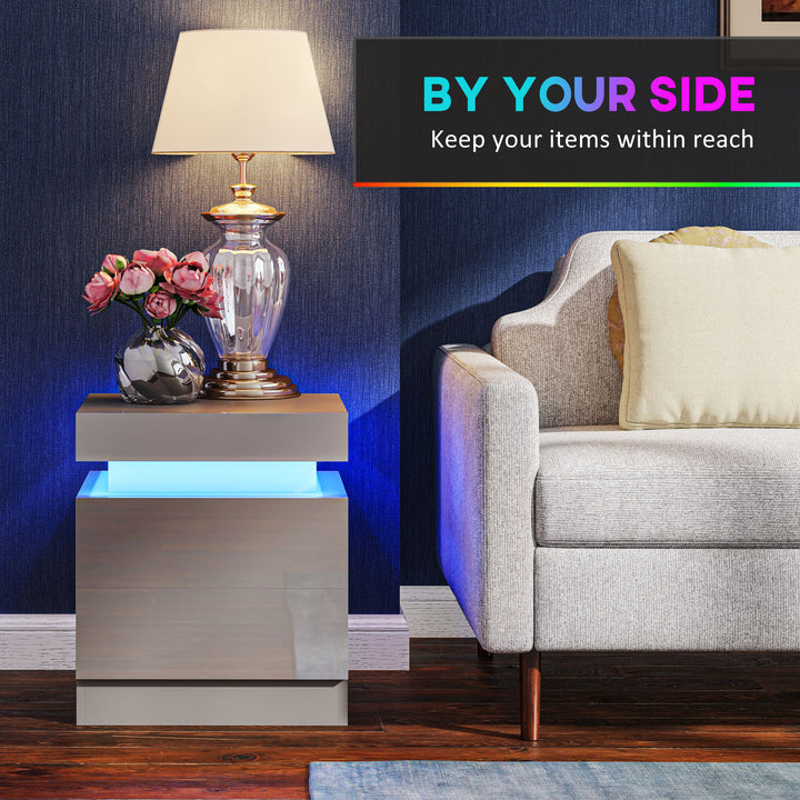 Grey Bedside Table with LED Light, High Gloss Front Nightstand with 2 