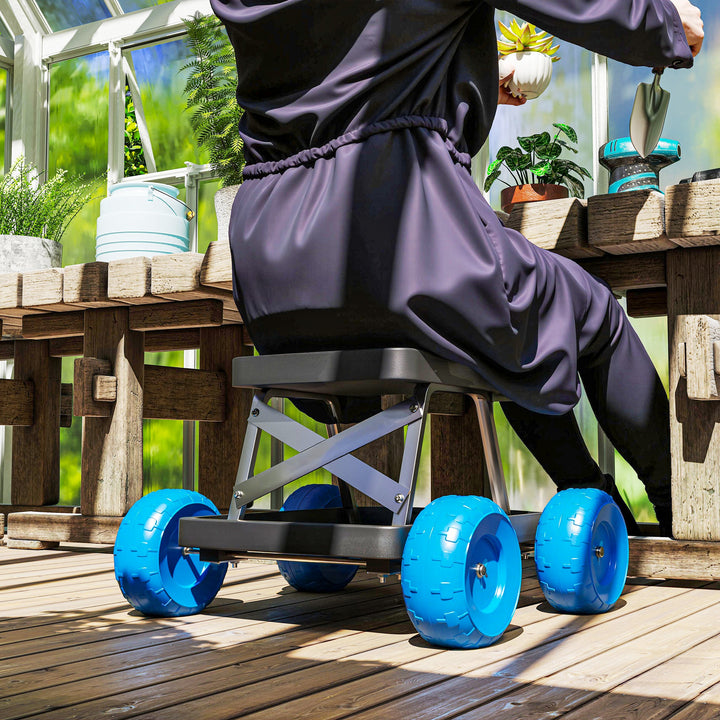Garden Cart with Wheels, Garden Stool Trolley with Tool Tray, Rolling Garden Seat for Weeding, Planting, Blue