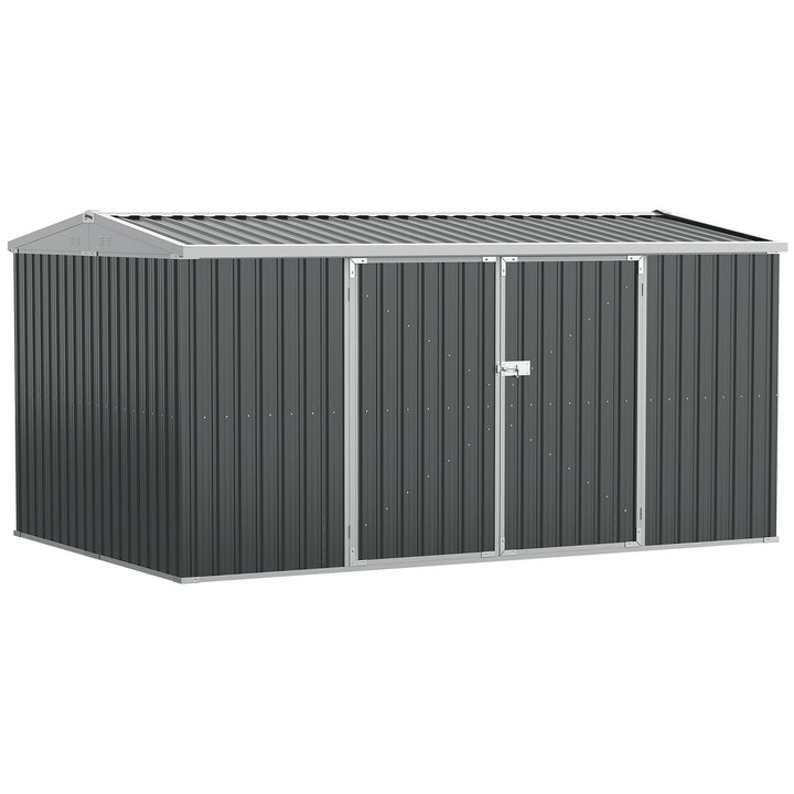 Outsunny 14 x 9 ft Lockable Garden Shed Large Patio Roofed Tool Metal Storage Building Foundation Sheds Box Outdoor Furniture, Grey