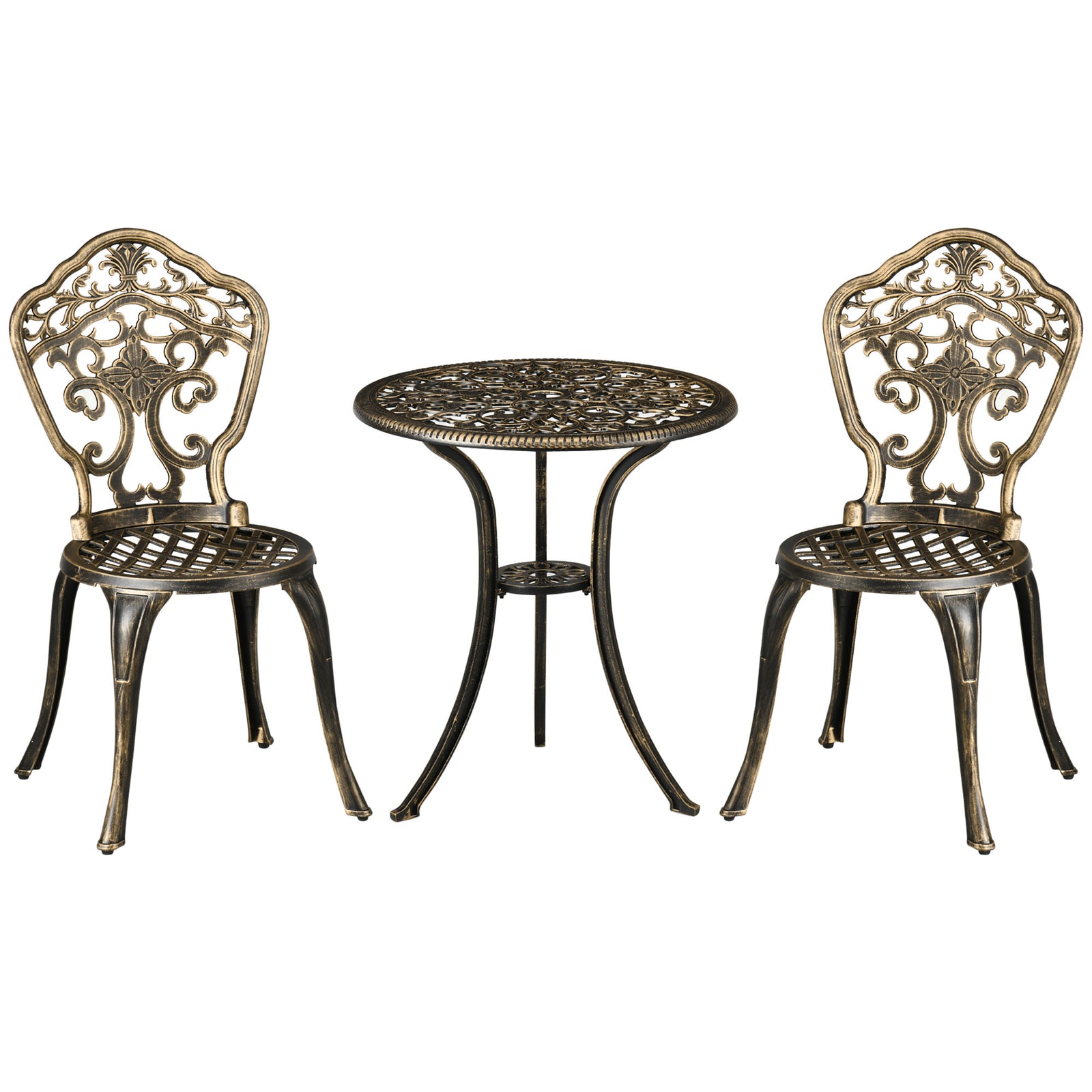 3 Piece Cast Aluminium Garden Bistro Set for 2 with Parasol Hole, Outdoor Coffee Table Set, Two Armless Chairs and Round Coffee Table for Balcony, Patio, Bronze