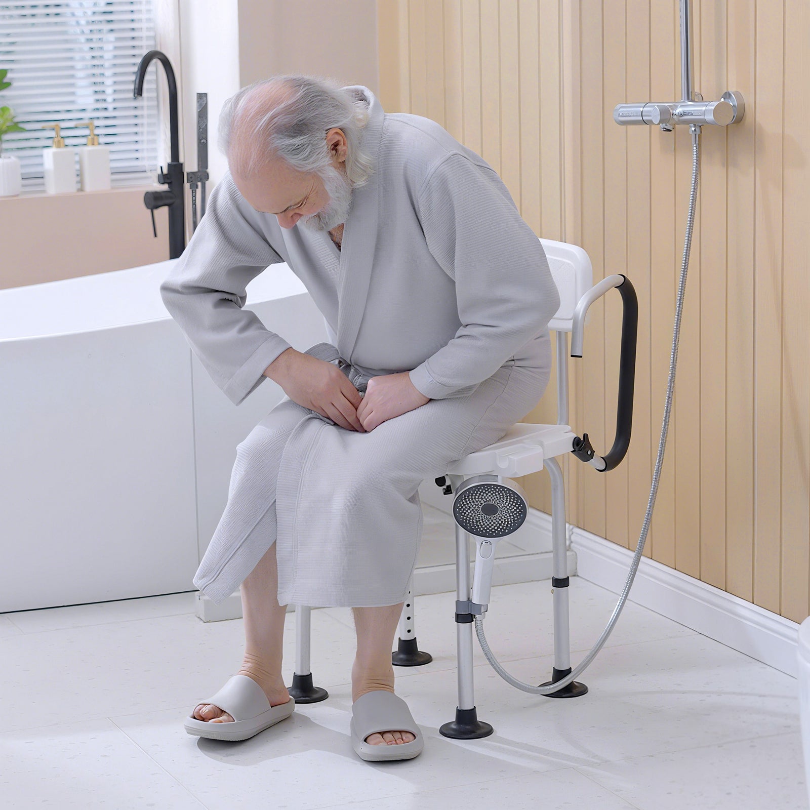 Shower Chair for the Elderly and Disabled, Height Adjustable Shower Stool with Back and Flipped Padded Arms, Suction Foot Pads, White
