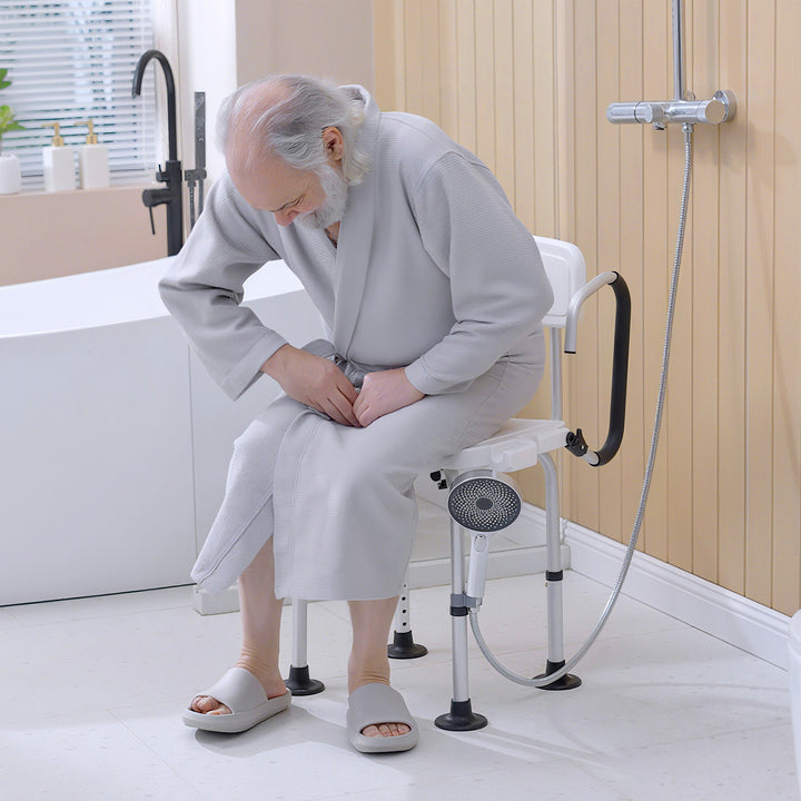 MCL Shower Chair for the Elderly and Disabled, Height Adjustable Shower Stool with Back and Flipped Padded Arms, Suction Foot Pads, White