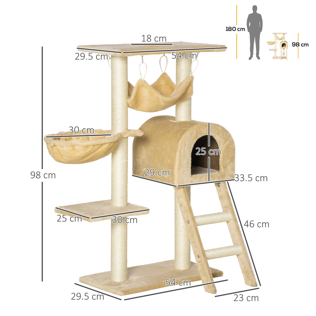 PawHut Cat Tree with Scratching Post, Hammock, Condo, Basket, Ladder Activity Centre for Kittens, 98 cm, Beige | Aosom UK