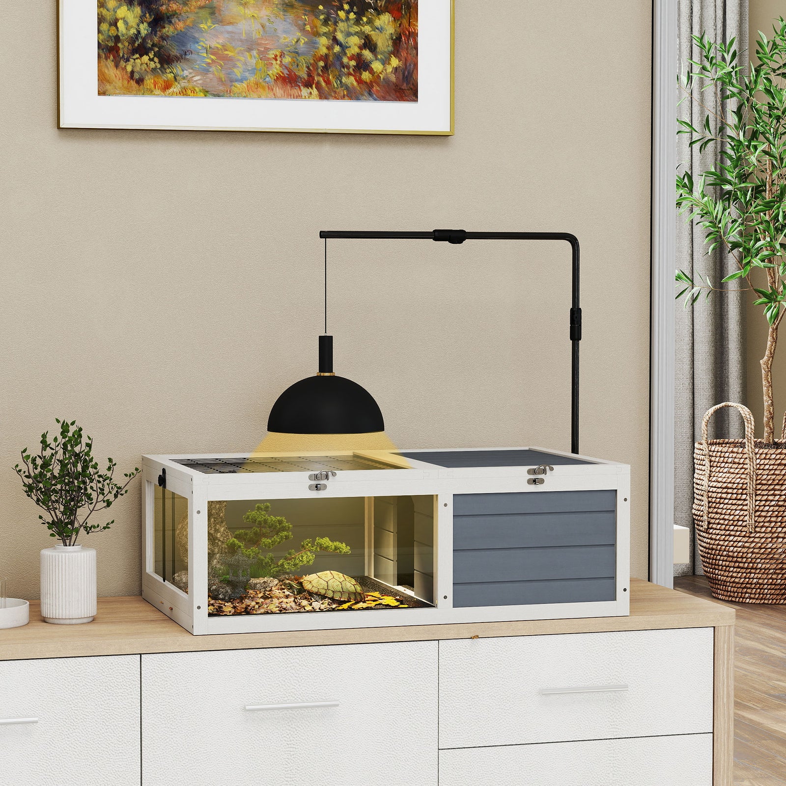 Tortoise Table with Adjustable Lamp Holder, Wooden Tortoise House w/ Openable Lids, Pull-Out Trays - Grey