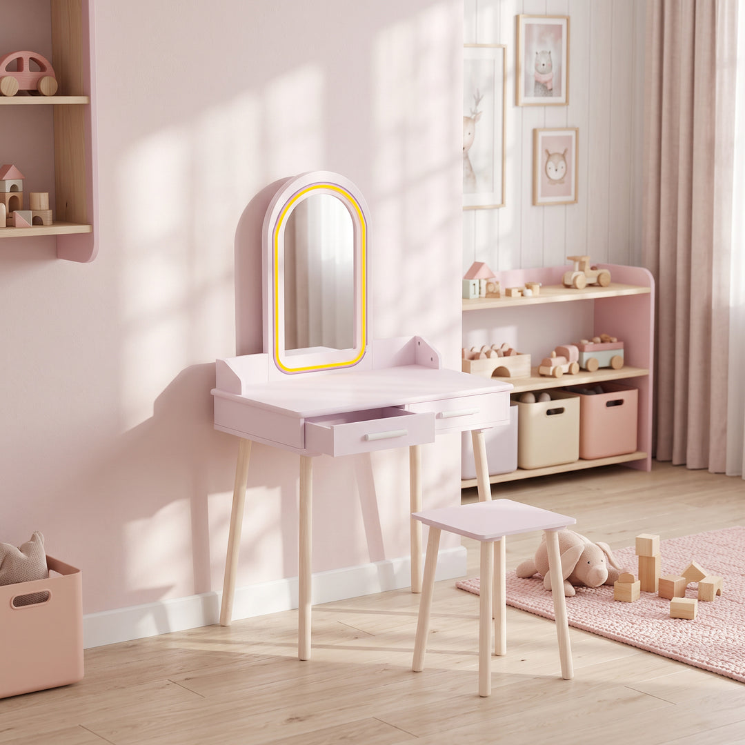 Kids Dressing Table, Girls Vanity Set with Stool, 3-Colour LED Lights 