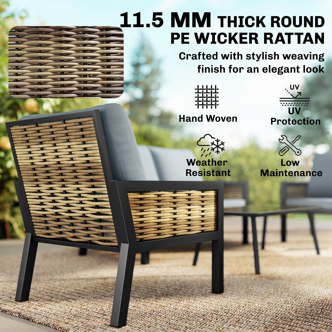 4 Seater Rattan Garden Furniture Set with 2 Armchairs, Loveseat, Coffe