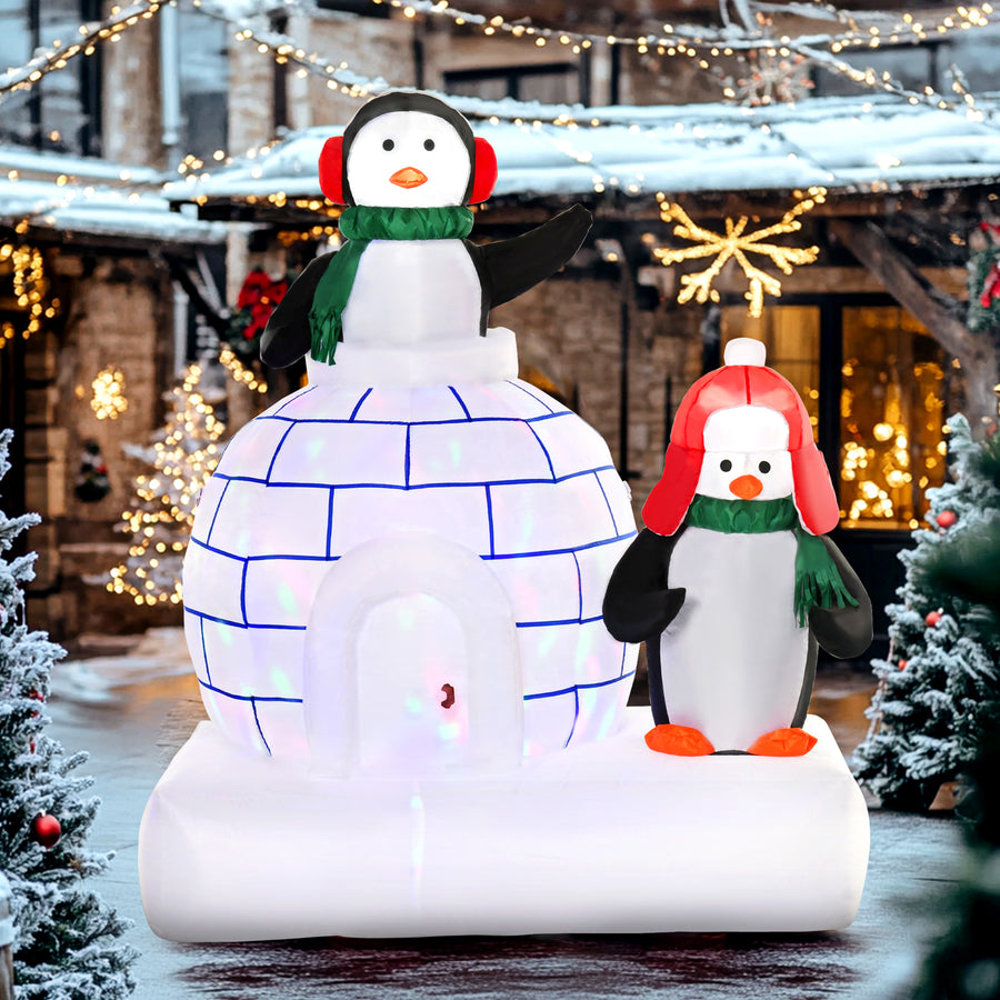 5ft Christmas Inflatable Two Penguins Wearing a Scarf with Ice House Blow Up Decor Home Indoors with Built-in LED Lights Outdoor Toys in Lawn Garden