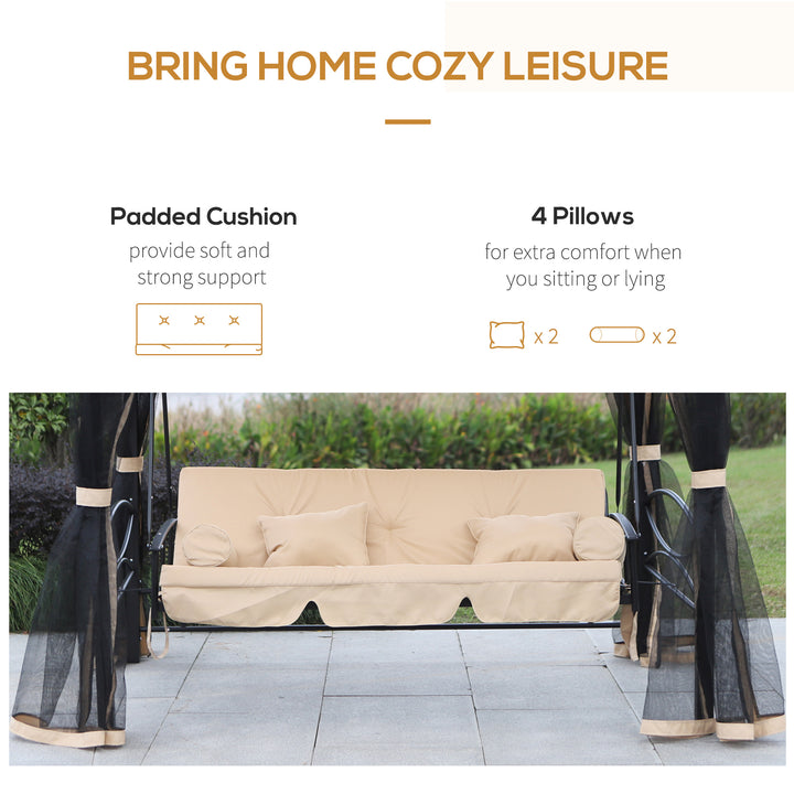 MCL 3 Seater Swing Chair 3-in-1 Convertible Garden Swing Seat Bed Gazebo Patio Bench Outdoor with Double Tier Canopy, Cushioned Seat, Mesh Sidewalls, Beige