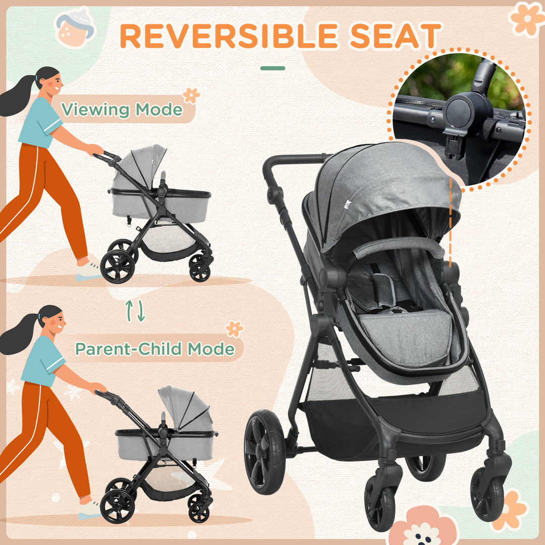 Foldable Baby Stoller, with Reclining Backrest, Adjustable Canopy, for Ages 0-36 Months - Grey
