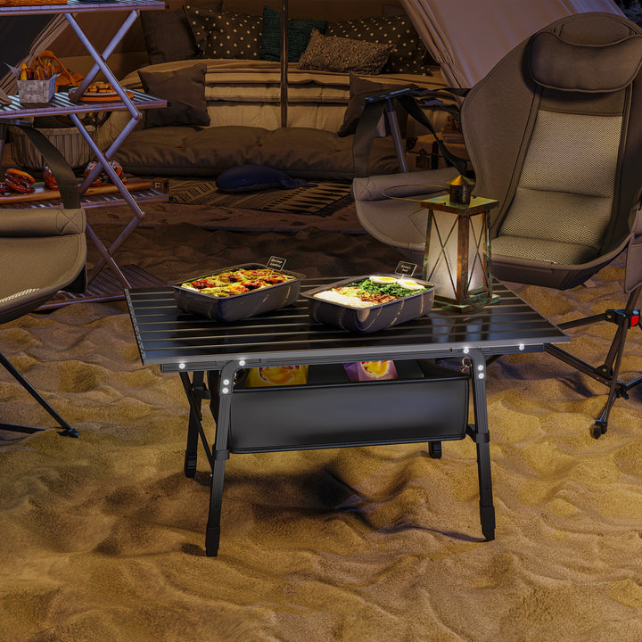 Folding Camping Table, 90 x 55 cm Height Adjustable Portable Collapsible Table, 3ft Lightweight Aluminium Rollup Picnic Table with Storage Basket for Outdoor Garden Party BBQ, Black