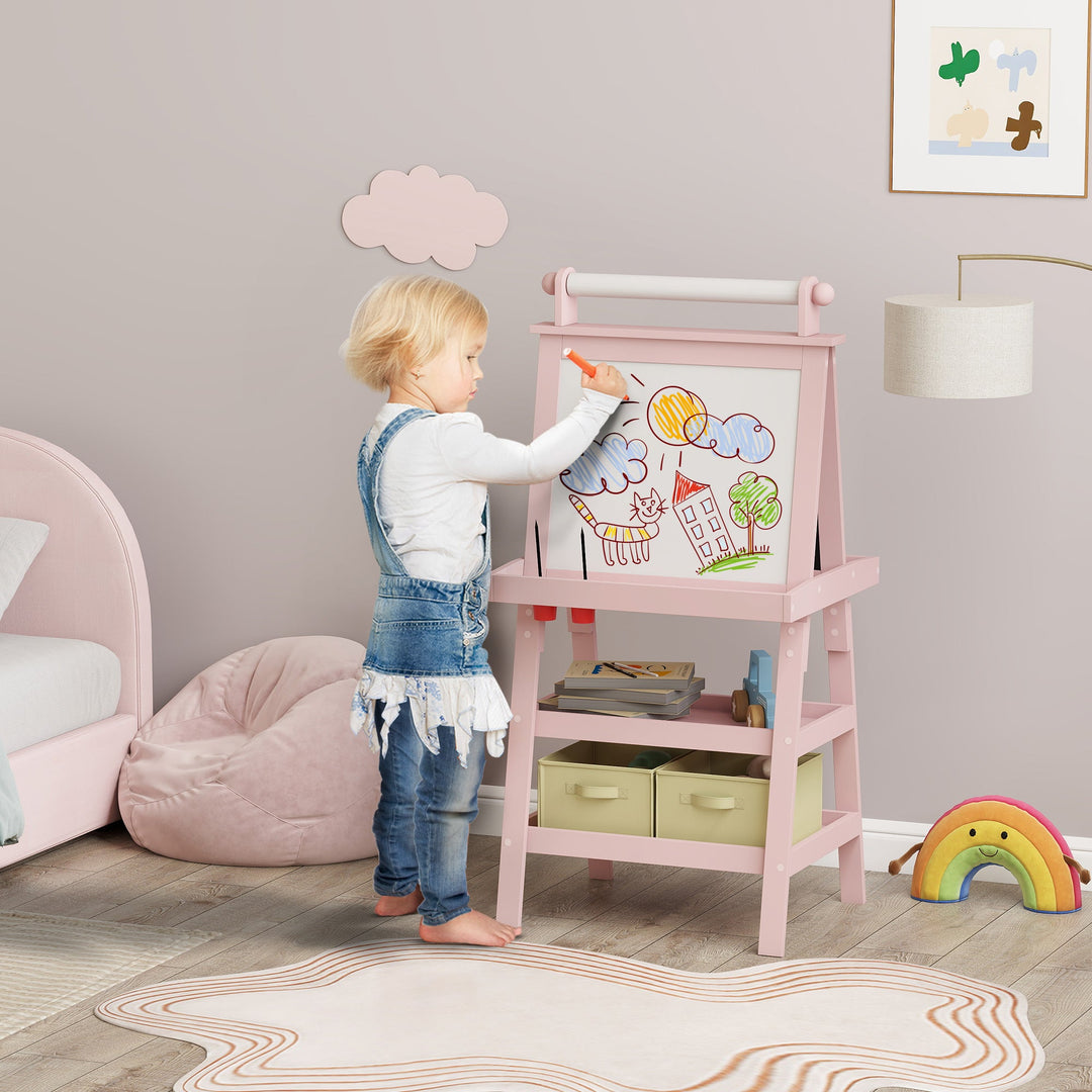 AIYAPLAY 3 in 1 Kids Easel Double-Sided Magnetic Whiteboard and Chalkboard with Paper Roll, Storage Baskets