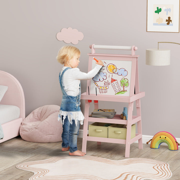AIYAPLAY 3 in 1 Kids Easel Double-Sided Magnetic Whiteboard and Chalkboard with Paper Roll, Storage Baskets