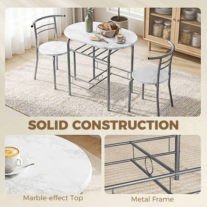 Three-Piece Compact Dining Set - White Marble Effect