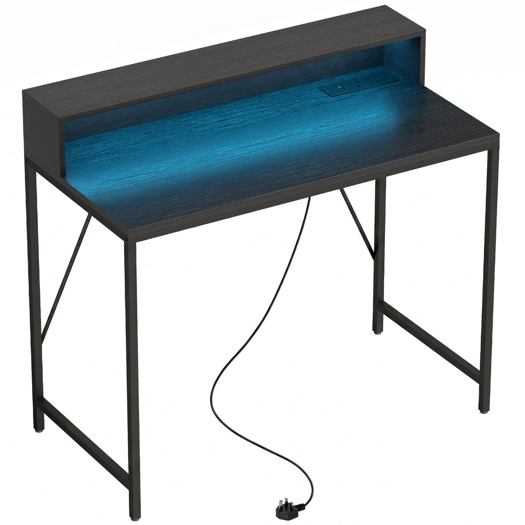 Gaming Desk, 100cm Computer Desk with LED Lights, Power Outlets, Monit
