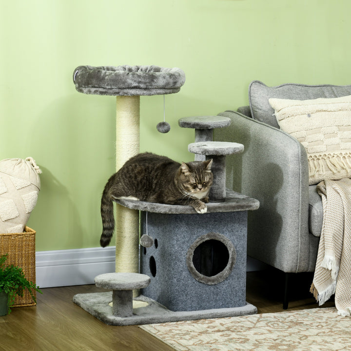 PawHut Indoor Cat Tree with Scratching Posts, Cosy House, Bed, Perches, Scratching Mat, Toy, 92cm, Grey