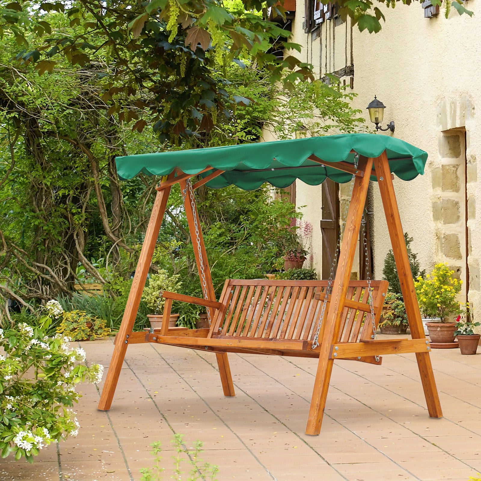 3-Seater Pinewood Swing Chair-Green