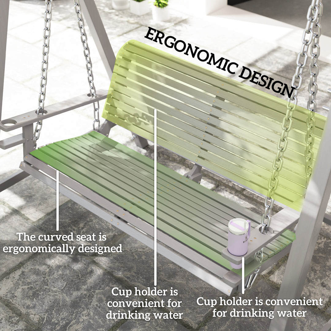 2 Seater Garden Swing Seat, Wooden Swing Chair Bench with Cup Holders for Outdoor Porch Patio, Grey