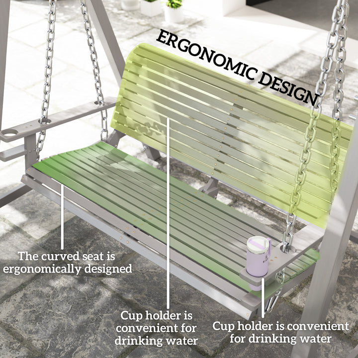 2 Seater Garden Swing Seat, Wooden Swing Chair Bench with Cup Holders for Outdoor Porch Patio, Grey