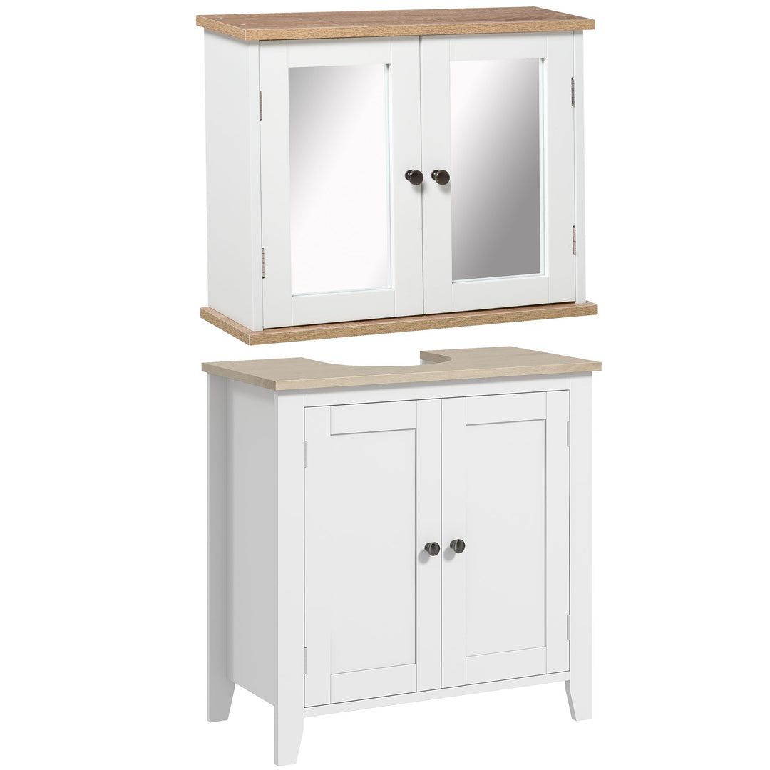 Bathroom Furniture Set, Mirror Cabinet Wall Mounted with Adjustable Shelf, Bathroom Sink Cabinet with Storage, White and Wood Grain