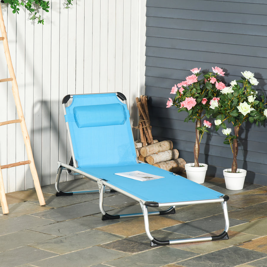 Foldable Outdoor Sun Lounger, Reclining Lounge Chair Camping Bed Cot with Pillow 4-Level Adjustable Back Aluminium Frame, Blue