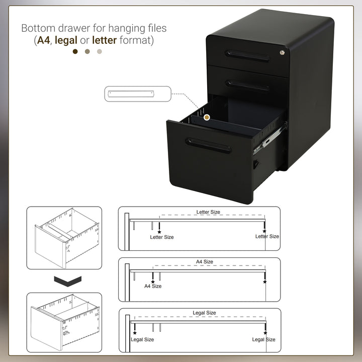 Lockable File Cabinet with 3 Drawers, Vertical Office Drawer for A4, Letter, Legal Size, Anti-tilt Design, Pre-Assembled Body, Black